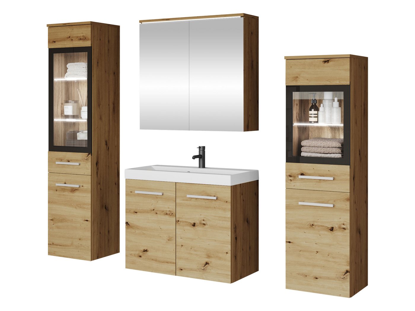 MIRJAN24 Badmöbel-Set Madrit II, (5er-Set, Waschbeckenschrank, 2x Hochschrank, Spiegelschrank, Waschbecken), mit Siphon, LED-Beleuchtung als Option – Bild 2 von 5