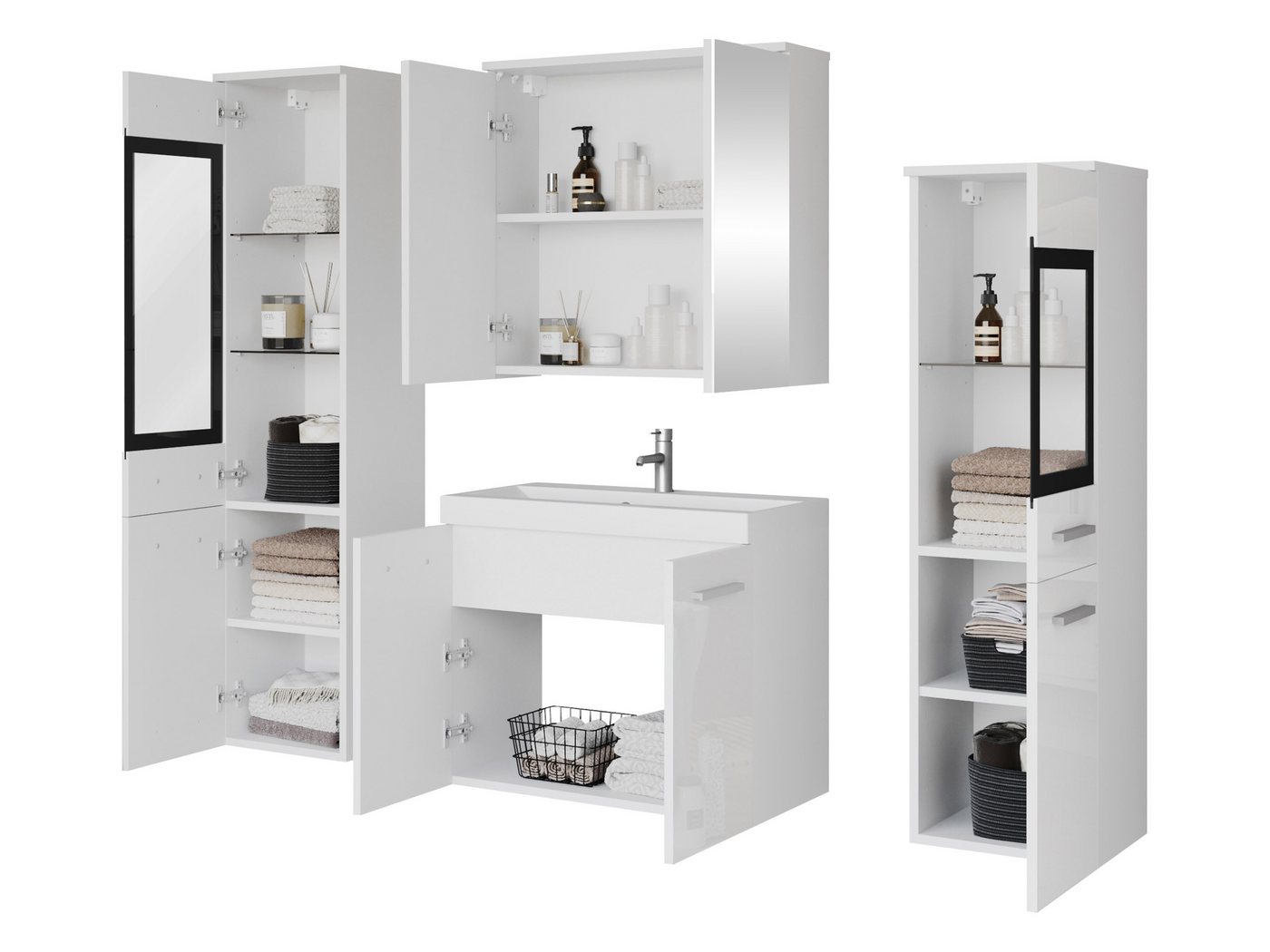 MIRJAN24 Badmöbel-Set Madrit II, (5er-Set, Waschbeckenschrank, 2x Hochschrank, Spiegelschrank, Waschbecken), mit Siphon, LED-Beleuchtung als Option – Bild 3 von 5