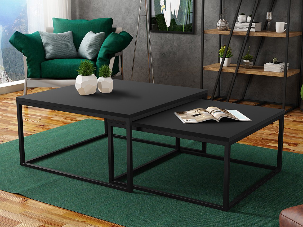 MIRJAN24 Couchtisch Dual (2er-Set), Vierkantrohrrahmen aus Stahl, schwarz pulverbeschichtet – Bild 2 von 5