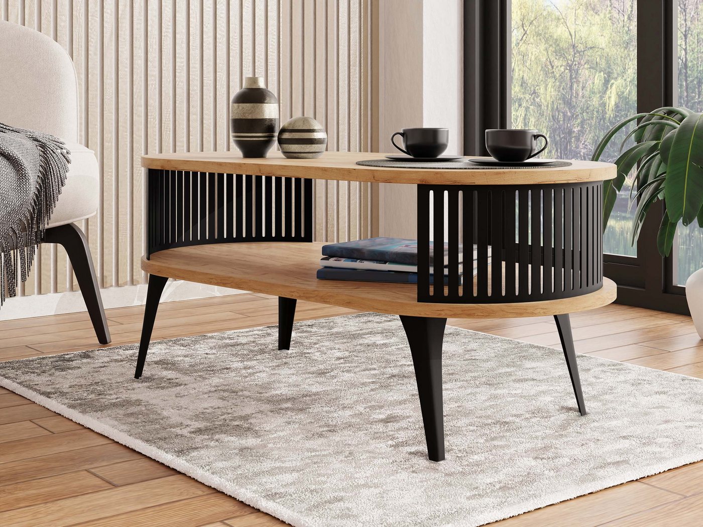 MIRJAN24 Couchtisch Roenni Oval (mit Regal), Beine und Seiten aus Stahl, 100x50x44 cm – Bild 2 von 4