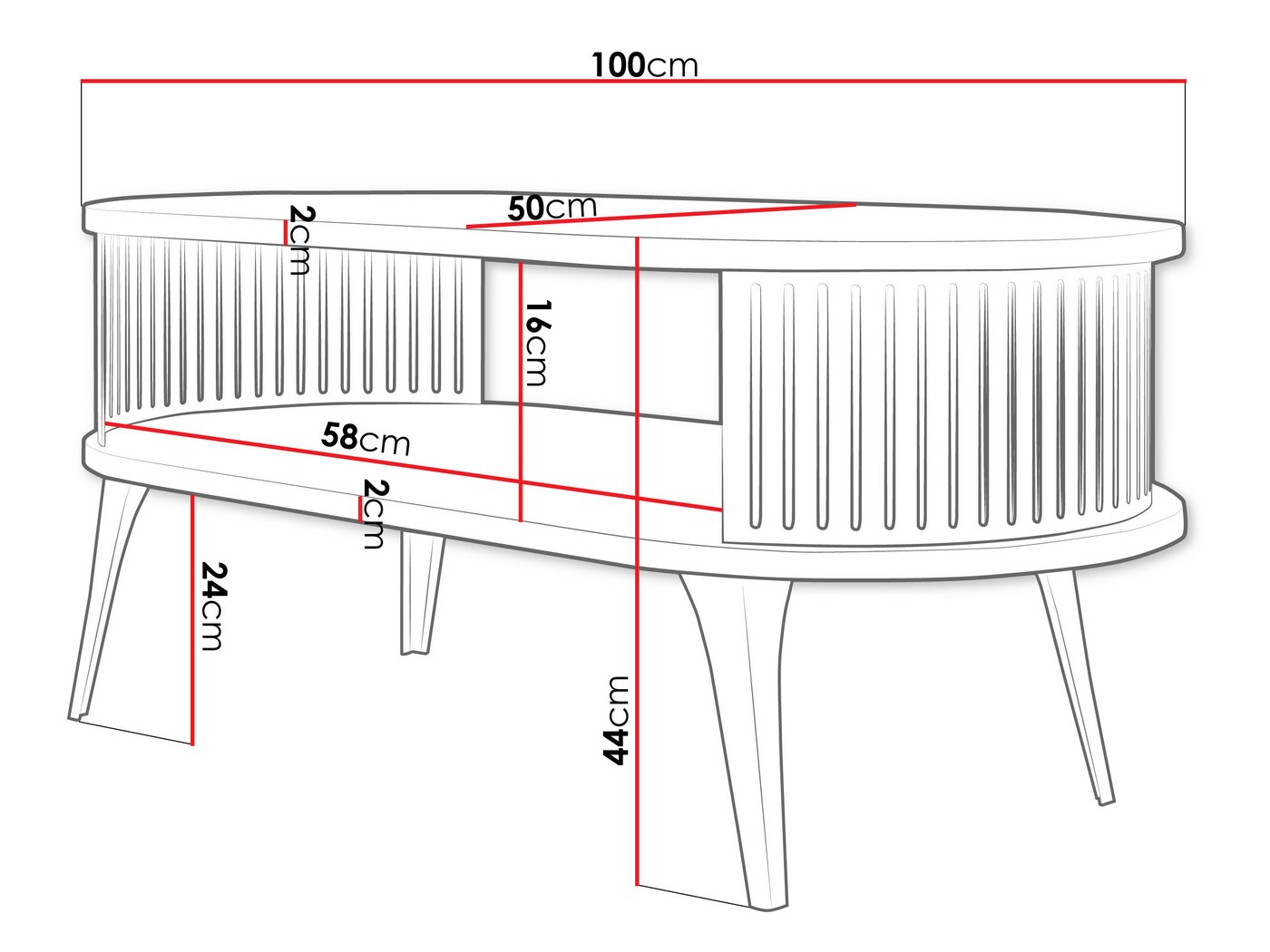 MIRJAN24 Couchtisch Roenni Oval (mit Regal), Beine und Seiten aus Stahl, 100x50x44 cm – Bild 3 von 4