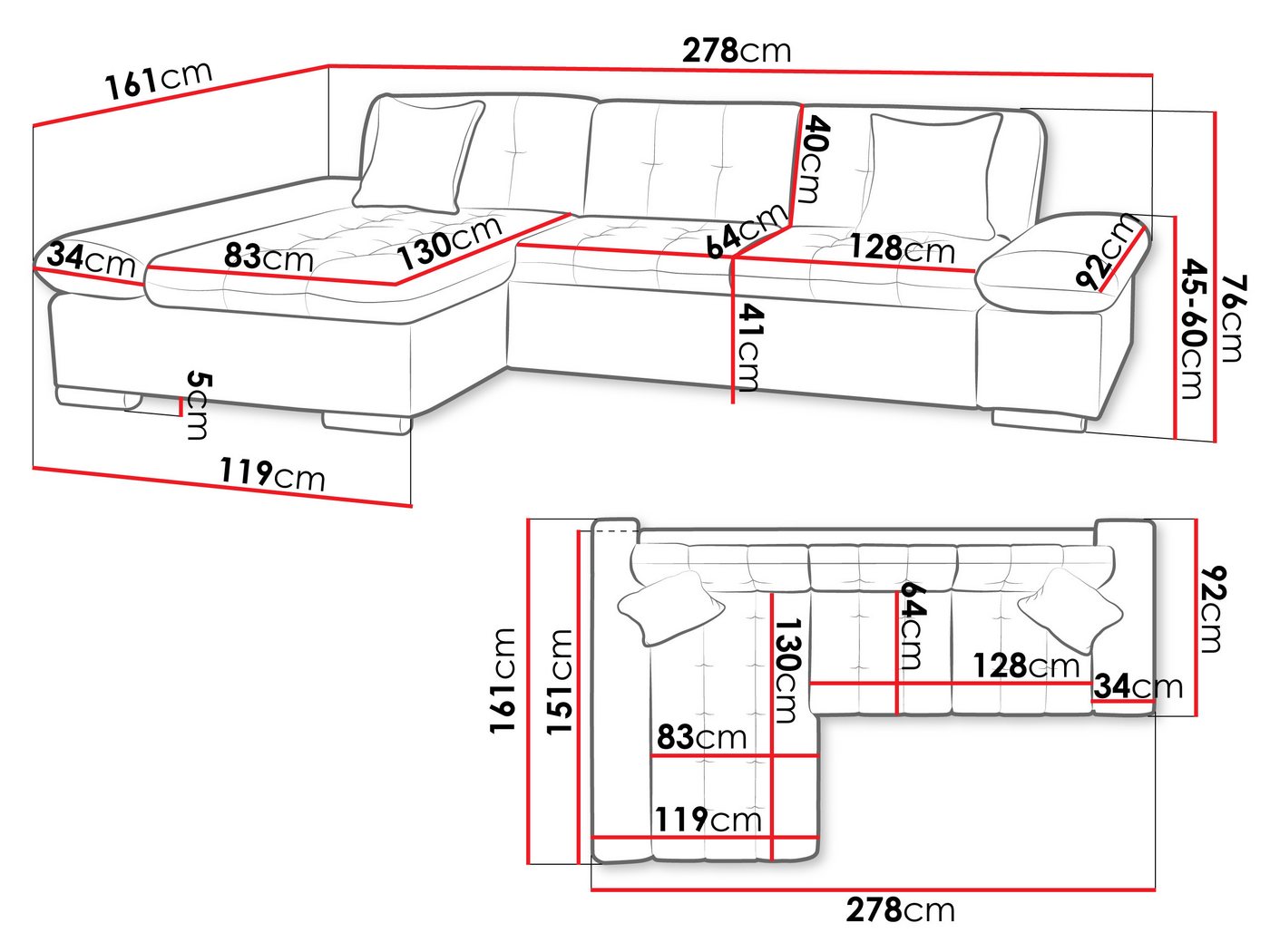MIRJAN24 Ecksofa Montana Cord, mit Regulierbare Armlehnen, L-Form, 278x161x76 cm – Bild 5 von 5