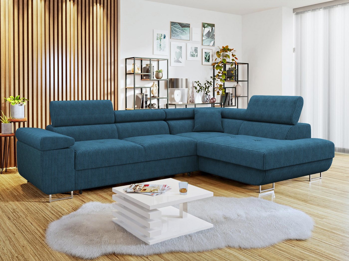 MIRJAN24 Ecksofa Torezio Cord, mit Bettkasten und Schlaffunktion, Einstellbare Kopfstützen, 274x203x70-90 cm – Bild 3 von 5