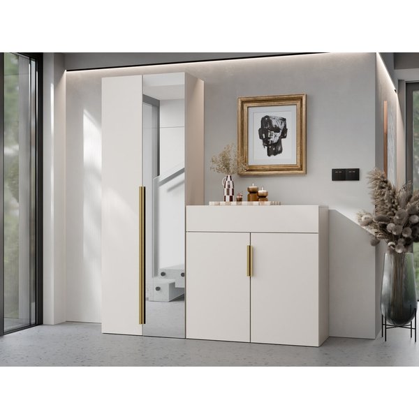 MIRJAN24 Garderoben-Set Kerkin II, (2er-Set, Kleiderschrank, Kommode), Frontspiegel, Metallgriffe in der Farbe Gold