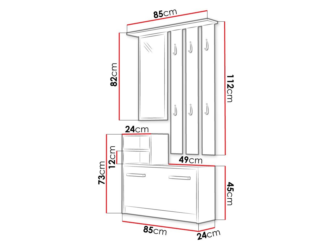 MIRJAN24 Garderoben-Set Kolom, mit 6 Kleiderhaken, Spiegel, Schuhschrank, Wandgarderobe – Bild 5 von 5