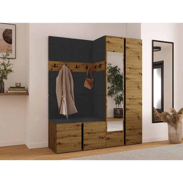 MIRJAN24 Garderoben-Set Orion XII, (Komplett-Set, Schrank, Schrank mit Spiegel, 2x Kleiderhaken, Paneel 11x 42x42), Auswahl aus Fronten und Polsterplatten