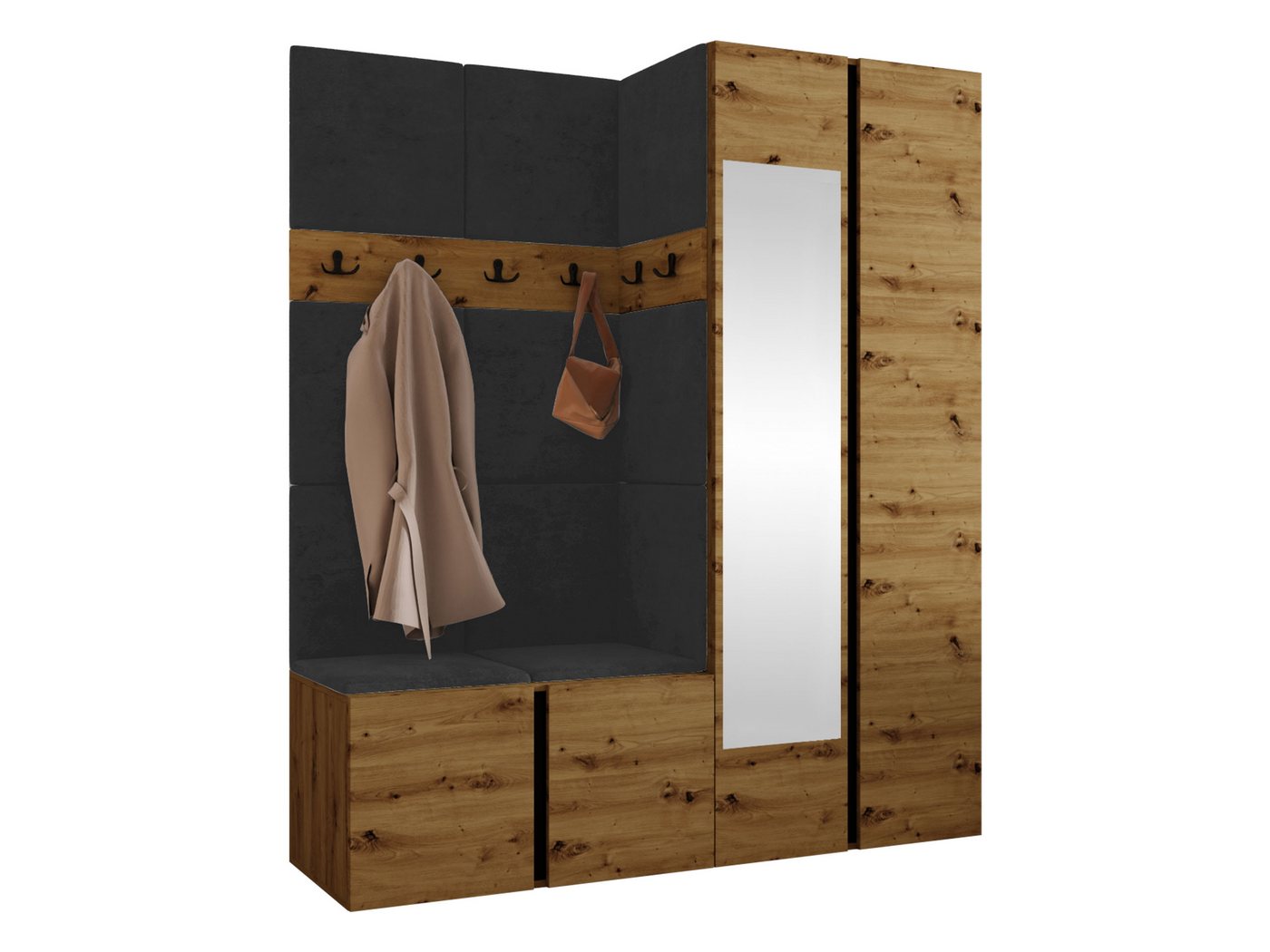 MIRJAN24 Garderoben-Set Orion XII, (Komplett-Set, Schrank, Schrank mit Spiegel, 2x Kleiderhaken, Paneel 11x 42x42), Auswahl aus Fronten und Polsterplatten – Bild 2 von 5