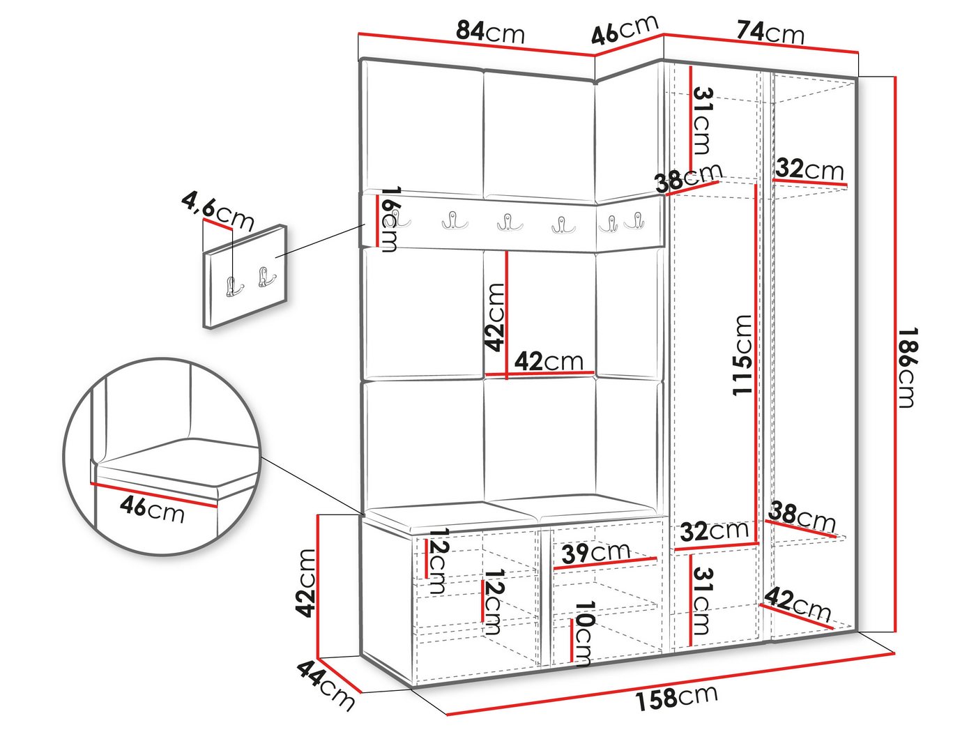 MIRJAN24 Garderoben-Set Orion XII, (Komplett-Set, Schrank, Schrank mit Spiegel, 2x Kleiderhaken, Paneel 11x 42x42), Auswahl aus Fronten und Polsterplatten – Bild 4 von 5