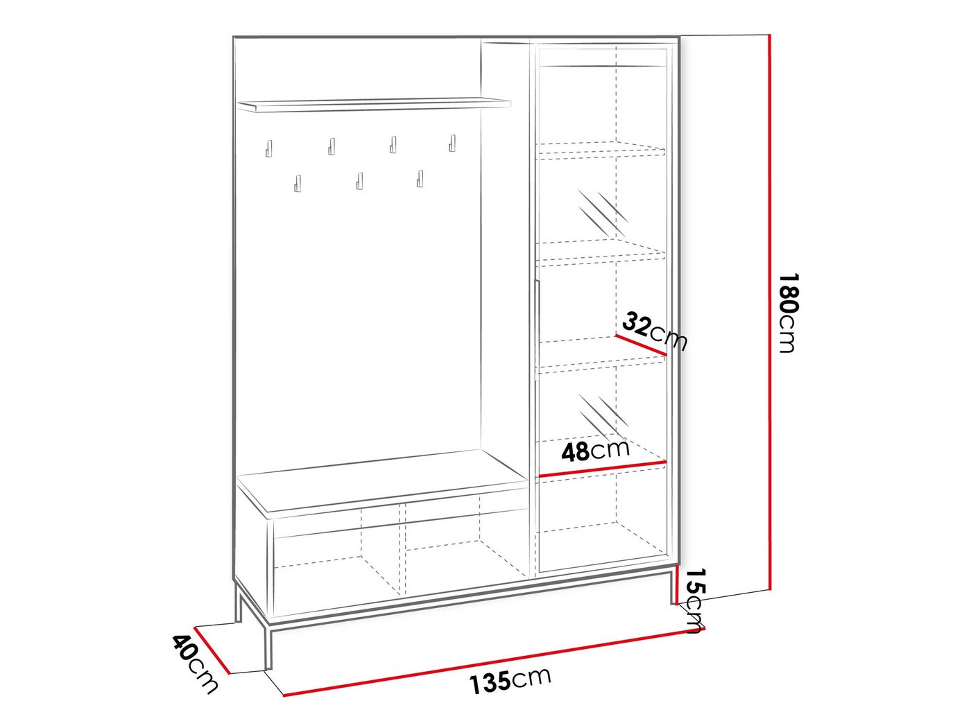 MIRJAN24 Garderoben-Set Ozmi 1D1K, (mit Drehtür und Klappe), 7 Kleiderhaken aus Metall, 135x40x180 cm – Bild 5 von 5