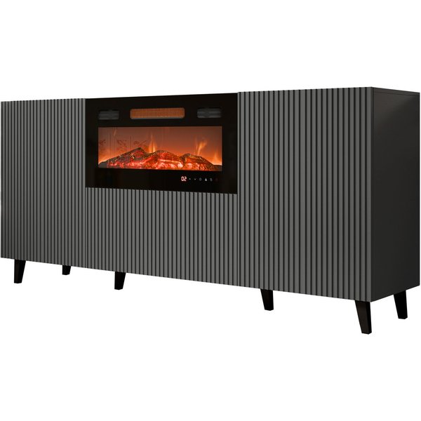 MIRJAN24 Kommode Vamos Grey 180 mit Kamin (mit 2 Türen und Klappe), Fronten gefräst, Realistische LED-Flamme