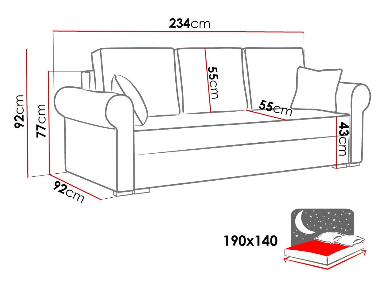 MIRJAN24 Schlafsofa Olimpia Cord, mit Schlaffunktion und Bettkasten, Freistehendes Sofa, 3 Sitzer, Kissen Set – Bild 5 von 5
