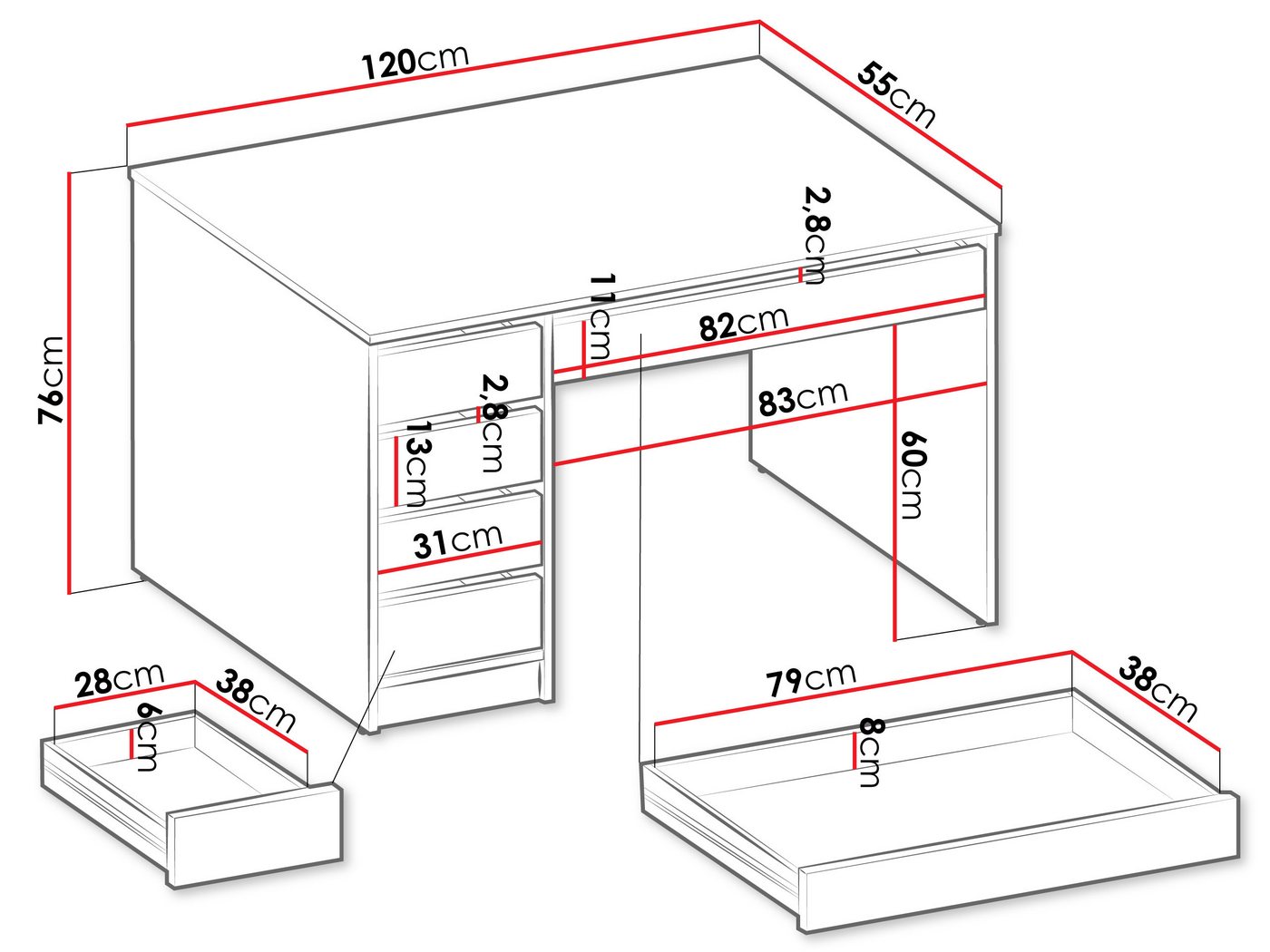 MIRJAN24 Schminktisch Ada (mit 5 Schubladen), Schreibtisch ist universell - Links / Rechts, Griffloses System – Bild 5 von 5
