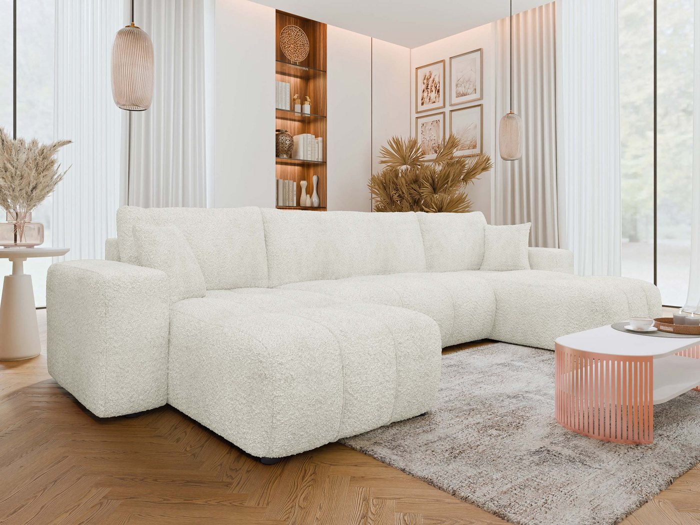 MIRJAN24 Wohnlandschaft Fetrinu U Boucle, mit Schlaffunktion und Bettkasten, U-Form, Dekokissen, 312x145x82 cm – Bild 3 von 5