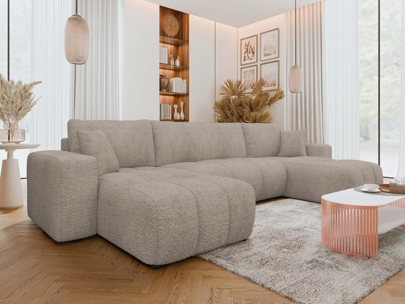 MIRJAN24 Wohnlandschaft Fetrinu U Boucle, mit Schlaffunktion und Bettkasten, U-Form, Dekokissen, 312x145x82 cm – Bild 3 von 5