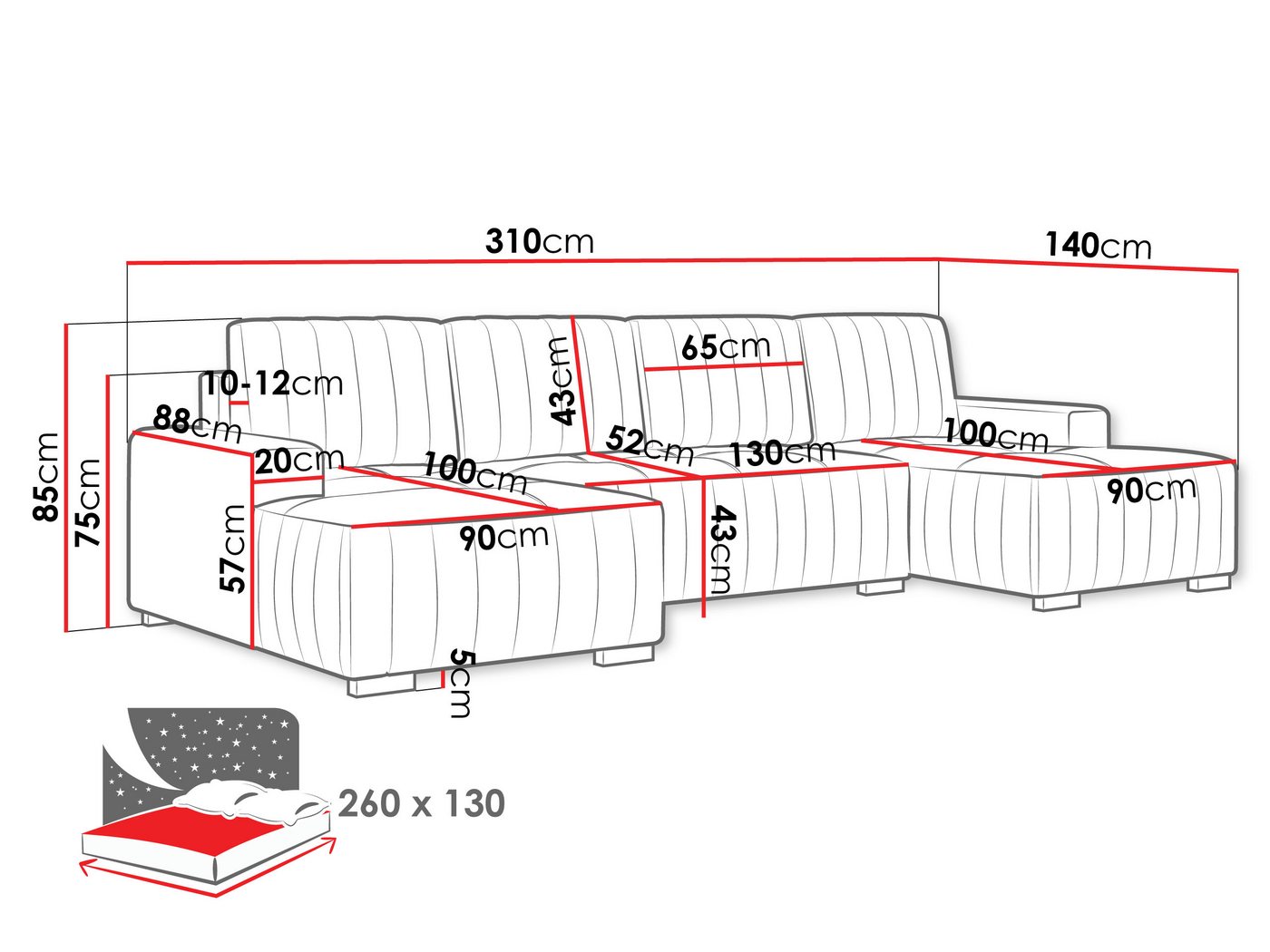 MIRJAN24 Wohnlandschaft Hugo U, mit Bettkasten und Schlaffunktion, Ausziehmechanismus DL, U-Form, 310x140x85 cm – Bild 5 von 5