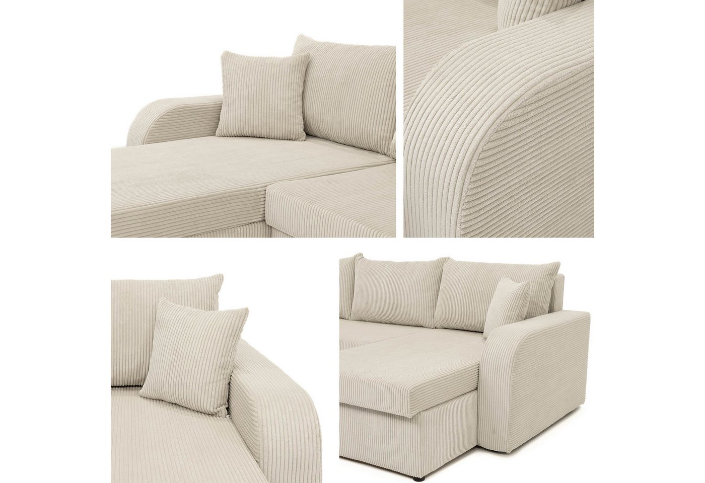MIRJAN24 Wohnlandschaft Kris U Cord, mit Schlaffunktion und drei Bettkasten, U-Form mit Kissen-Set, L: 304 cm – Bild 3 von 5