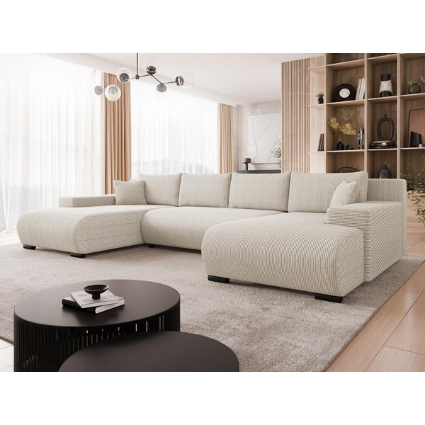 MIRJAN24 Wohnlandschaft Nojan Cord, mit Schlaffunktion und Bettkasten, 351x191x80, U-Form, Rückenlehne in Form beweglicher Kissen