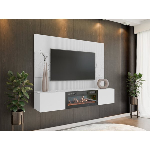 MIRJAN24 Wohnwand Deromi III mit Kamin, (2er-Set, TV-Lowboard mit Wandpaneel), Realistische LED-Flamme, Griffloses Öffnungssystem