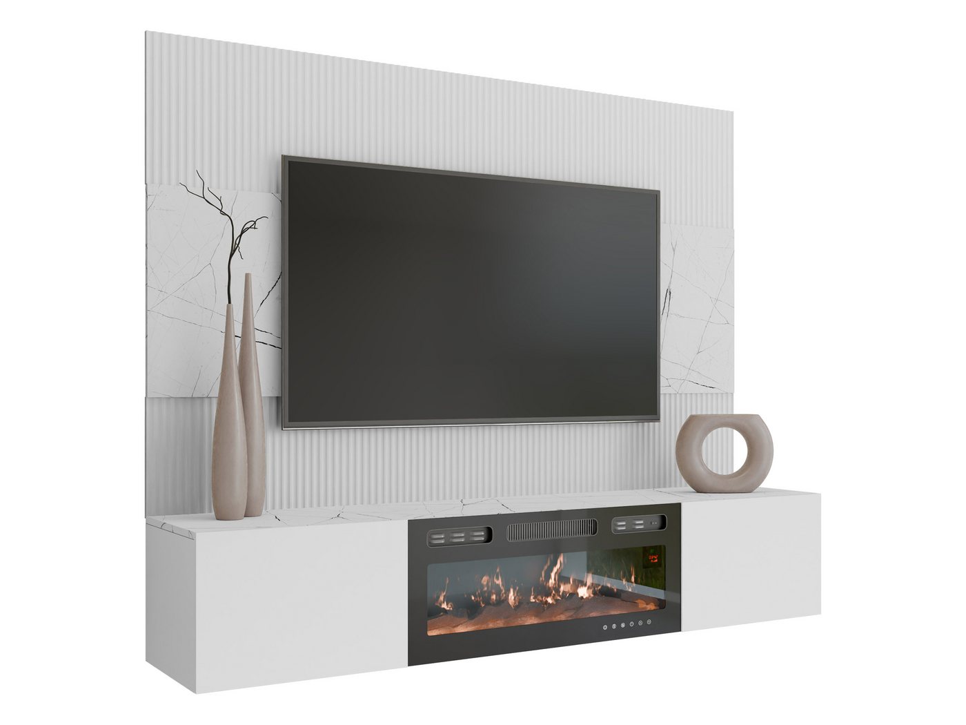 MIRJAN24 Wohnwand Deromi III mit Kamin, (2er-Set, TV-Lowboard mit Wandpaneel), Realistische LED-Flamme, Griffloses Öffnungssystem – Bild 2 von 5