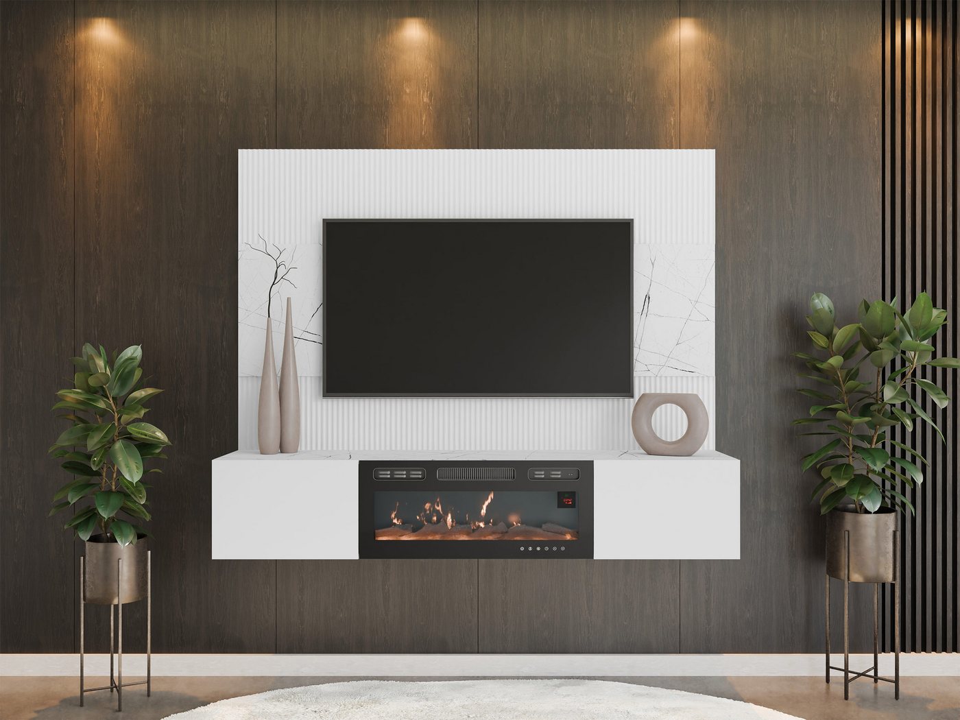 MIRJAN24 Wohnwand Deromi III mit Kamin, (2er-Set, TV-Lowboard mit Wandpaneel), Realistische LED-Flamme, Griffloses Öffnungssystem – Bild 3 von 5