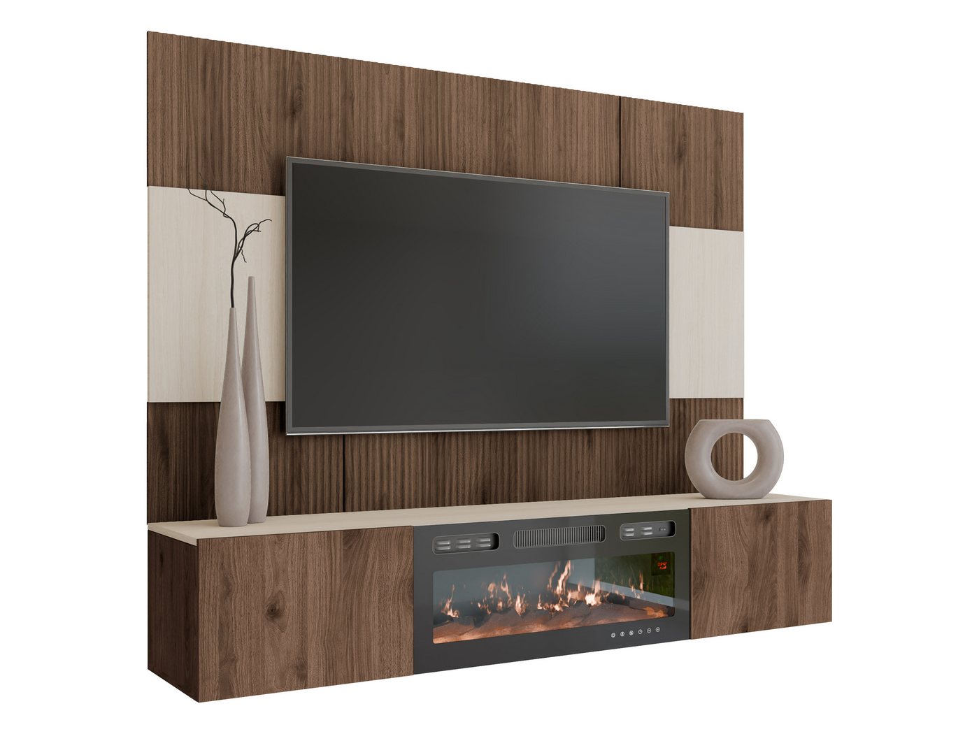 MIRJAN24 Wohnwand Deromi III mit Kamin, (2er-Set, TV-Lowboard mit Wandpaneel), Realistische LED-Flamme, Griffloses Öffnungssystem – Bild 2 von 5
