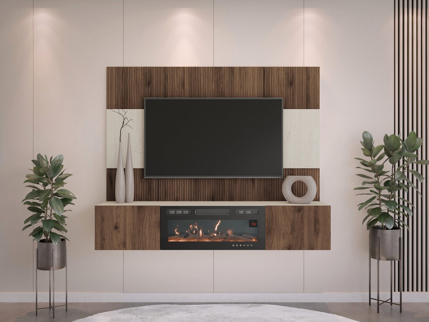 MIRJAN24 Wohnwand Deromi III mit Kamin, (2er-Set, TV-Lowboard mit Wandpaneel), Realistische LED-Flamme, Griffloses Öffnungssystem – Bild 3 von 5