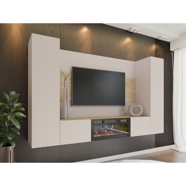MIRJAN24 Wohnwand Deromi V mit Kamin, (4er-Set, TV-Lowboard mit Wandpaneel, 2x Hängeschrank), Realistische LED-Flamme, Push to open