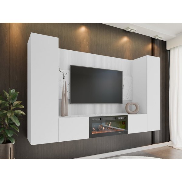 MIRJAN24 Wohnwand Deromi V mit Kamin, (4er-Set, TV-Lowboard mit Wandpaneel, 2x Hängeschrank), Realistische LED-Flamme, Push to open