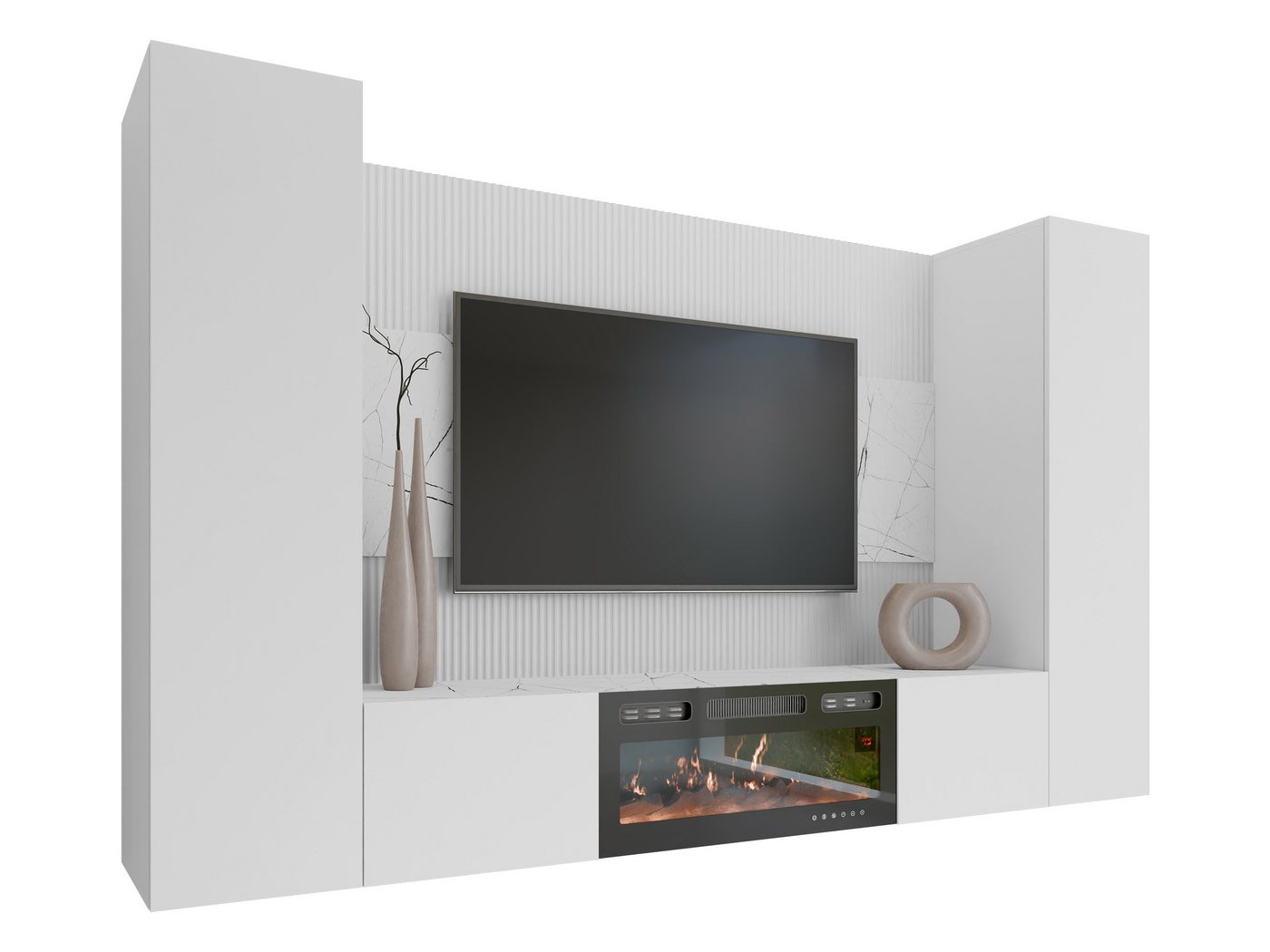 MIRJAN24 Wohnwand Deromi V mit Kamin, (4er-Set, TV-Lowboard mit Wandpaneel, 2x Hängeschrank), Realistische LED-Flamme, Push to open – Bild 2 von 5