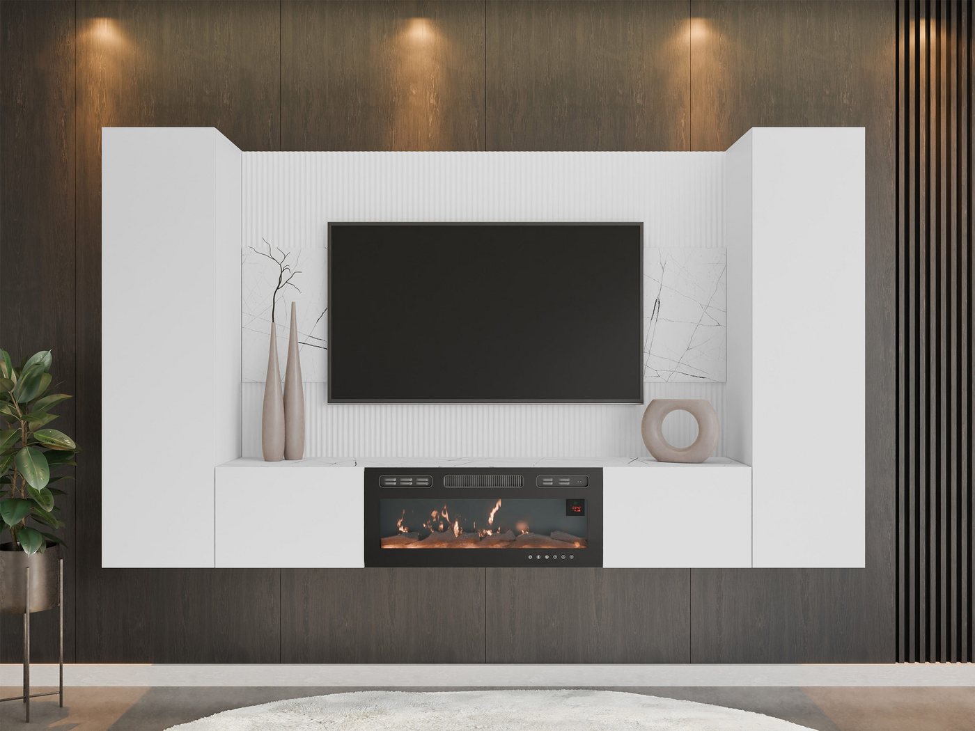 MIRJAN24 Wohnwand Deromi V mit Kamin, (4er-Set, TV-Lowboard mit Wandpaneel, 2x Hängeschrank), Realistische LED-Flamme, Push to open – Bild 3 von 5