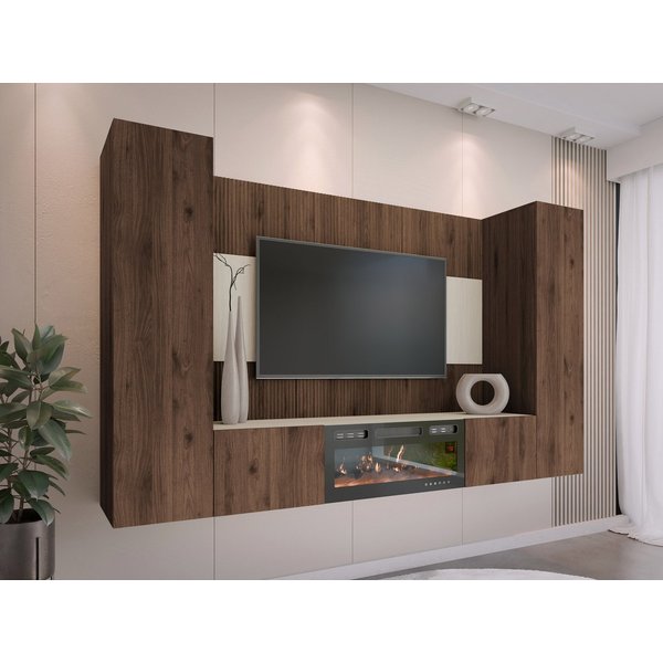 MIRJAN24 Wohnwand Deromi V mit Kamin, (4er-Set, TV-Lowboard mit Wandpaneel, 2x Hängeschrank), Realistische LED-Flamme, Push to open