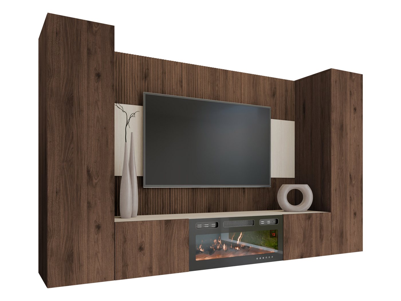 MIRJAN24 Wohnwand Deromi V mit Kamin, (4er-Set, TV-Lowboard mit Wandpaneel, 2x Hängeschrank), Realistische LED-Flamme, Push to open – Bild 2 von 5