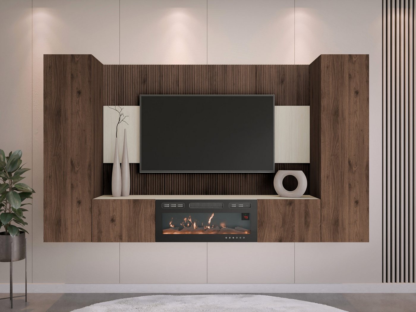 MIRJAN24 Wohnwand Deromi V mit Kamin, (4er-Set, TV-Lowboard mit Wandpaneel, 2x Hängeschrank), Realistische LED-Flamme, Push to open – Bild 3 von 5