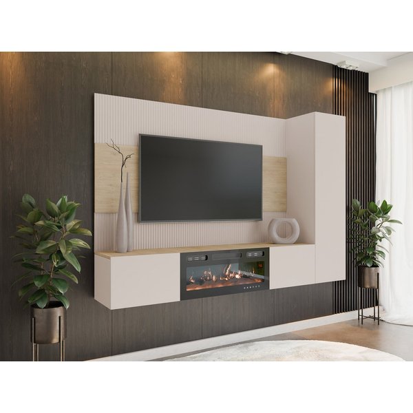 MIRJAN24 Wohnwand Deromi VI mit Kamin, (3er-Set, TV-Lowboard mit Wandpaneel, Hängeschrank), Push to open, Realistische LED-Flamme, Heizfunktion