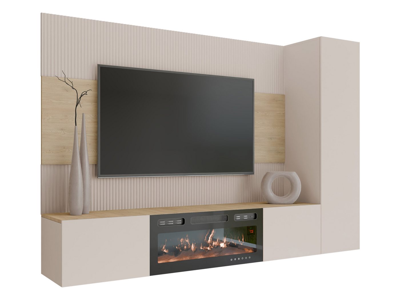 MIRJAN24 Wohnwand Deromi VI mit Kamin, (3er-Set, TV-Lowboard mit Wandpaneel, Hängeschrank), Push to open, Realistische LED-Flamme, Heizfunktion – Bild 2 von 5