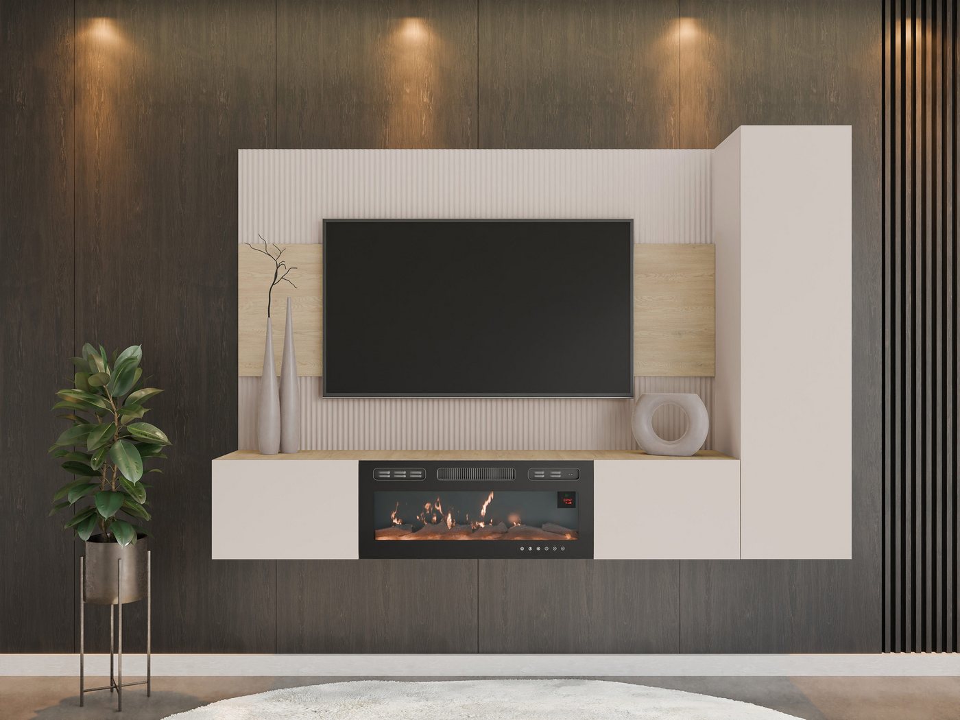 MIRJAN24 Wohnwand Deromi VI mit Kamin, (3er-Set, TV-Lowboard mit Wandpaneel, Hängeschrank), Push to open, Realistische LED-Flamme, Heizfunktion – Bild 3 von 5
