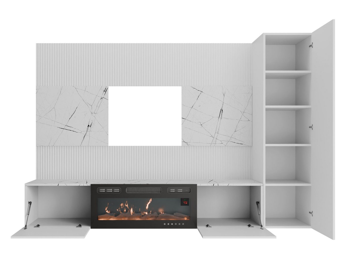 MIRJAN24 Wohnwand Deromi VI mit Kamin, (3er-Set, TV-Lowboard mit Wandpaneel, Hängeschrank), Push to open, Realistische LED-Flamme, Heizfunktion – Bild 5 von 5