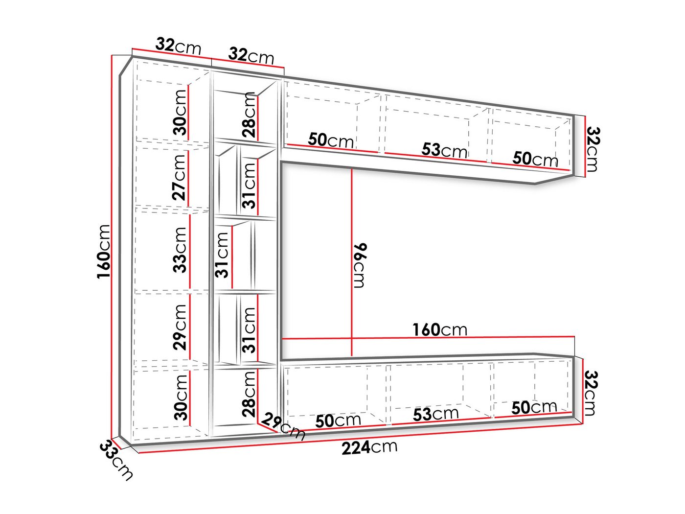 MIRJAN24 Wohnwand Kodita, (Komplett-Set, 3x Hängeschrank, Regal), 224x33x160 cm – Bild 5 von 5