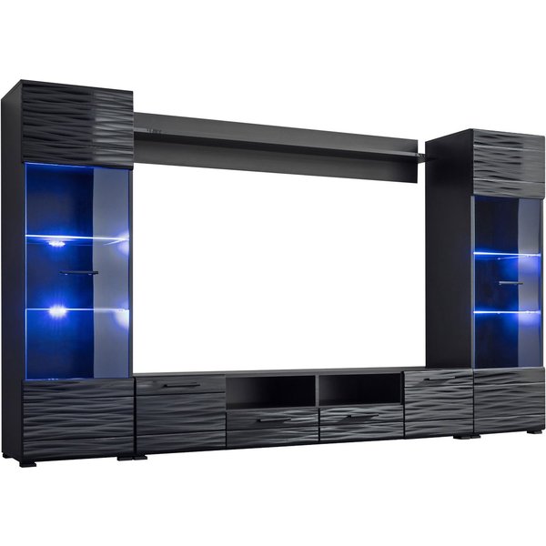 MIRJAN24 Wohnwand Modica, (4er-Set, 2x Vitrine, TV-Lowboard, Wandregal), mit Dekorative Beleuchtung LED RGB