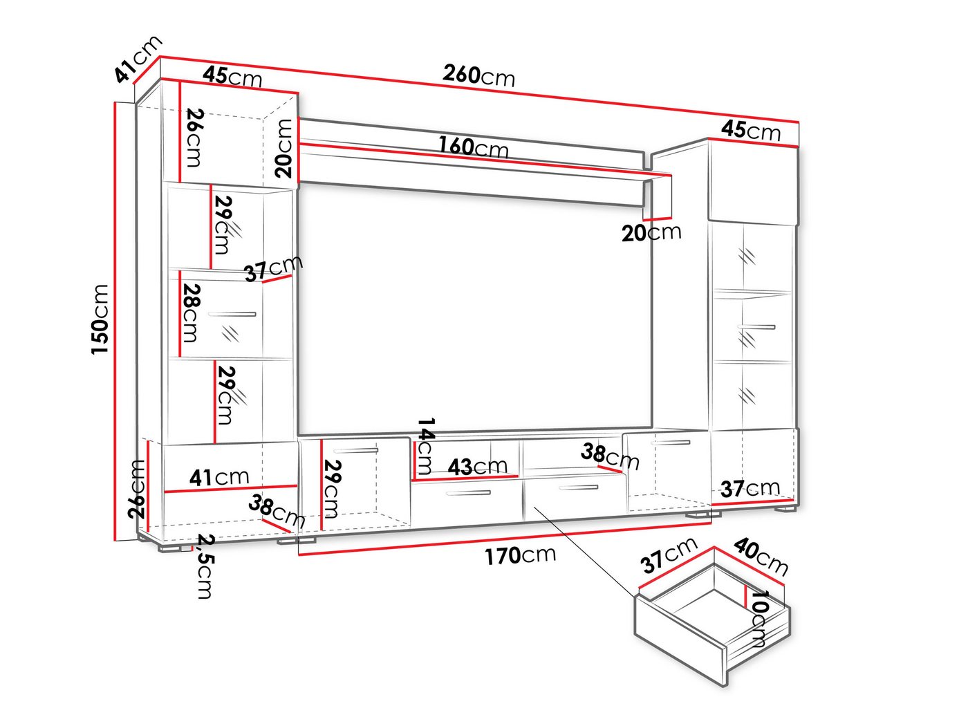 MIRJAN24 Wohnwand Modica, (4er-Set, 2x Vitrine, TV-Lowboard, Wandregal), mit Dekorative Beleuchtung LED RGB – Bild 5 von 5