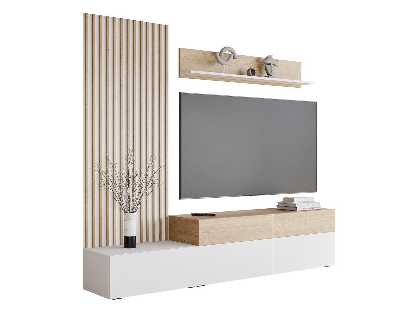 MIRJAN24 Wohnwand Narezi I, (TV-Lowboard, Wandboard, Wandpaneel), Schubladen und Klappen - Push to Open, 225x40x209 cm – Bild 2 von 5