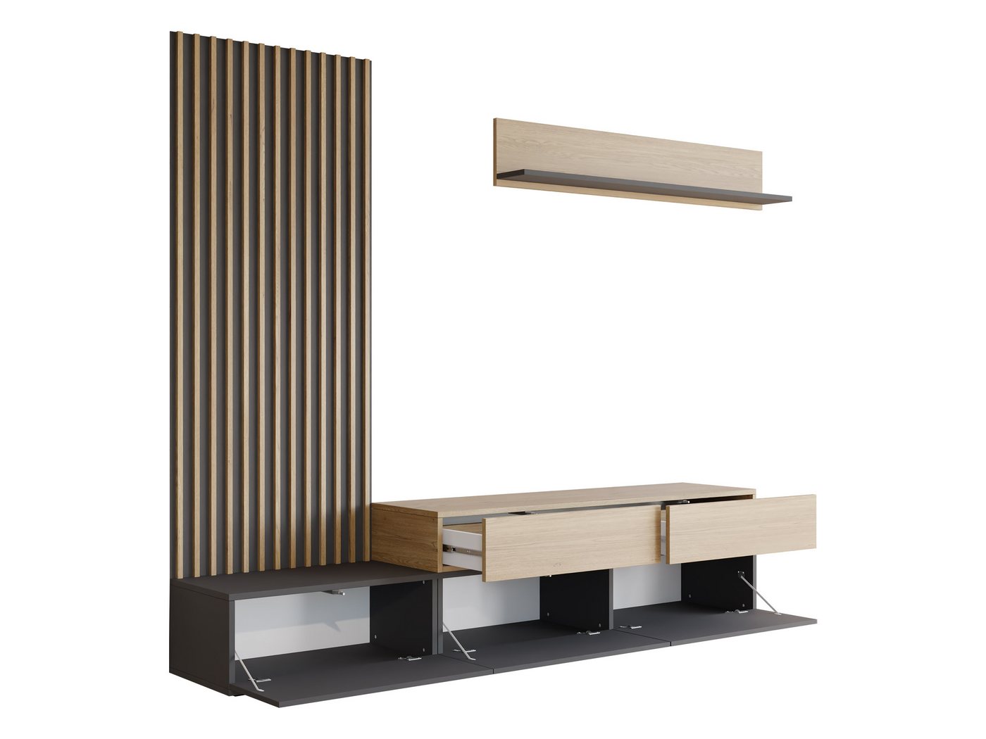 MIRJAN24 Wohnwand Narezi I, (TV-Lowboard, Wandboard, Wandpaneel), Schubladen und Klappen - Push to Open, 225x40x209 cm – Bild 3 von 5