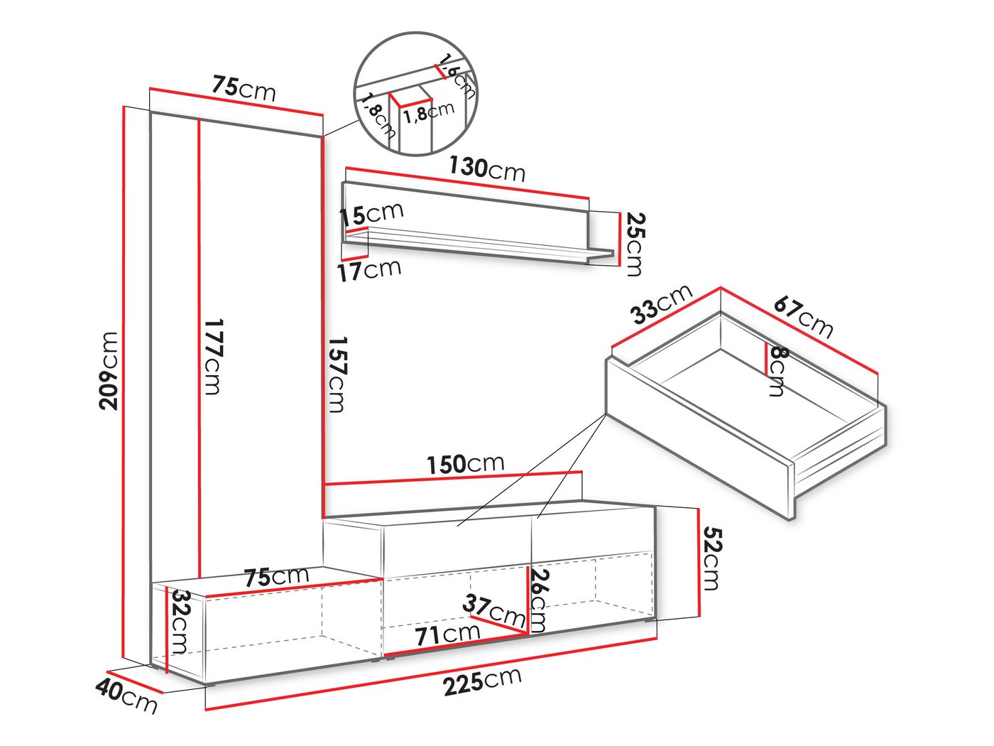 MIRJAN24 Wohnwand Narezi I, (TV-Lowboard, Wandboard, Wandpaneel), Schubladen und Klappen - Push to Open, 225x40x209 cm – Bild 4 von 5