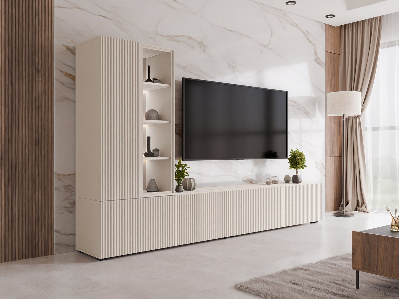 MIRJAN24 Wohnwand Tiwori, (mit zwei Drehtüren und vier Klappen), Weißer LED-Beleuchtung, 260x41x155-157 cm – Bild 5 von 5