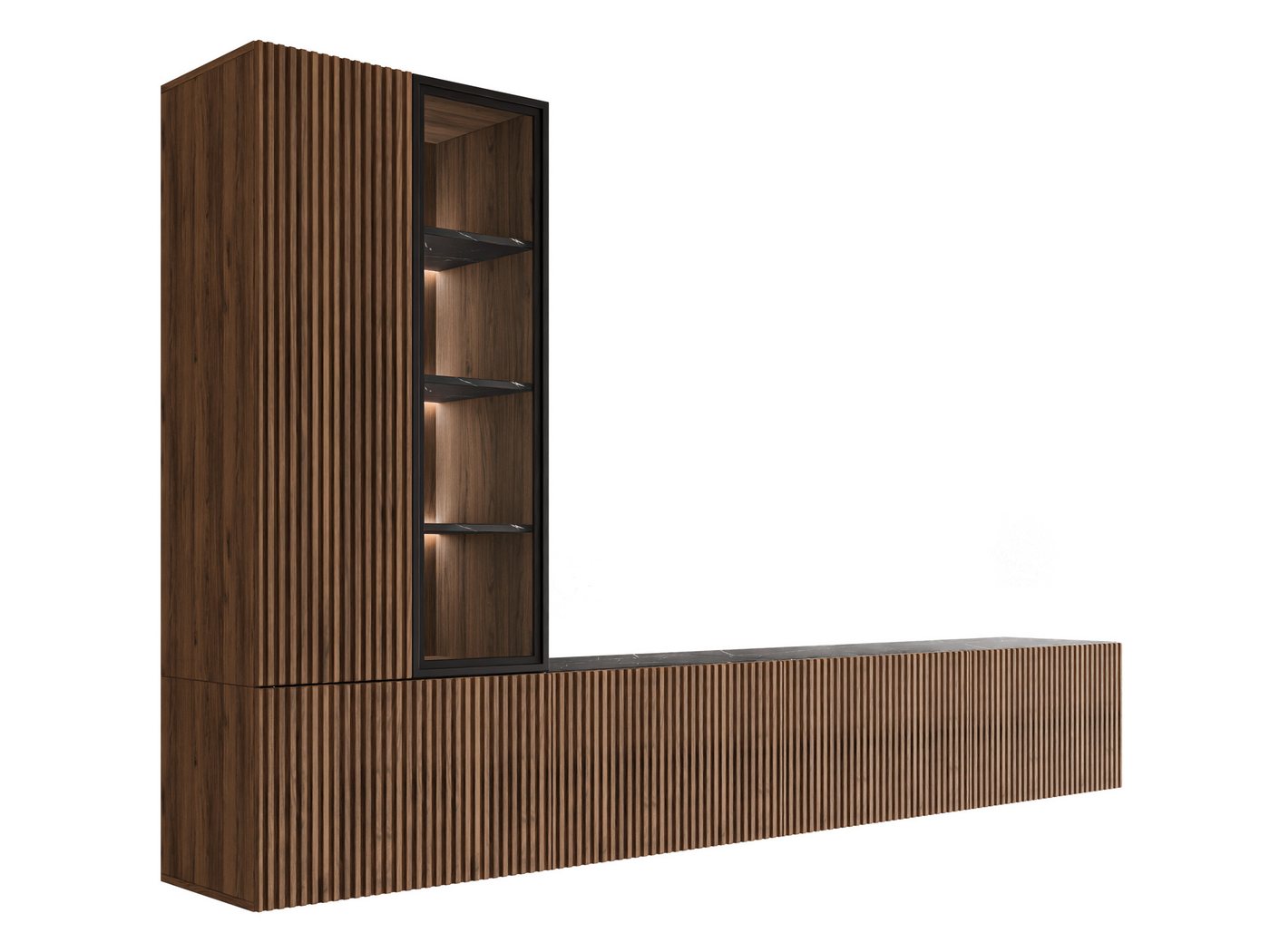 MIRJAN24 Wohnwand Tiwori, (mit zwei Drehtüren und vier Klappen), Weißer LED-Beleuchtung, 260x41x155-157 cm – Bild 2 von 5