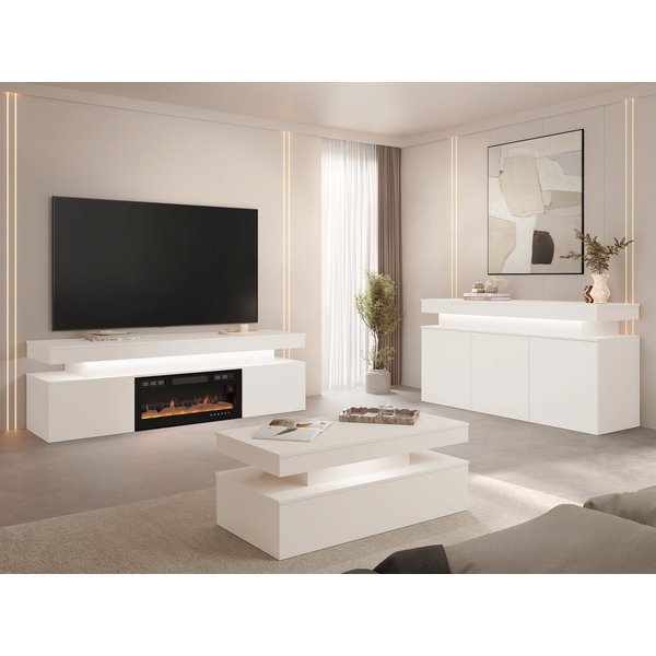 MIRJAN24 Wohnzimmer-Set Glossa Bis II, (3er-Set, Kommode, TV-Lowboard mit Kamin, Couchtisch), Weißer LED-Beleuchtung