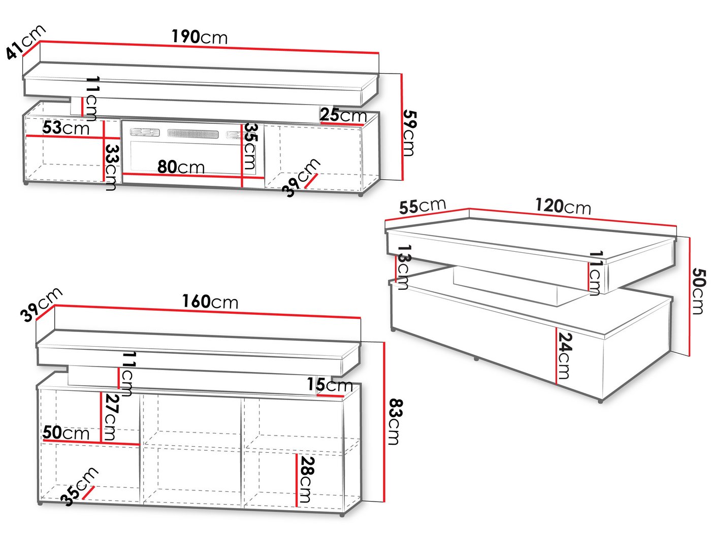 MIRJAN24 Wohnzimmer-Set Glossa Bis II, (3er-Set, Kommode, TV-Lowboard mit Kamin, Couchtisch), Weißer LED-Beleuchtung – Bild 5 von 5