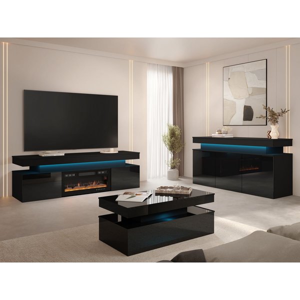 MIRJAN24 Wohnzimmer-Set Glossa II, (3er-Set, Kommode, TV-Lowboard mit Kamin, Couchtisch), mit blauer LED-Beleuchtung