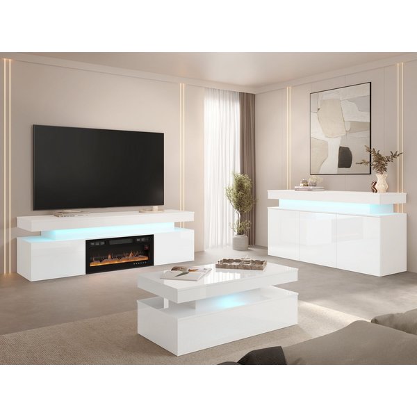 MIRJAN24 Wohnzimmer-Set Glossa II, (3er-Set, Kommode, TV-Lowboard mit Kamin, Couchtisch), mit blauer LED-Beleuchtung
