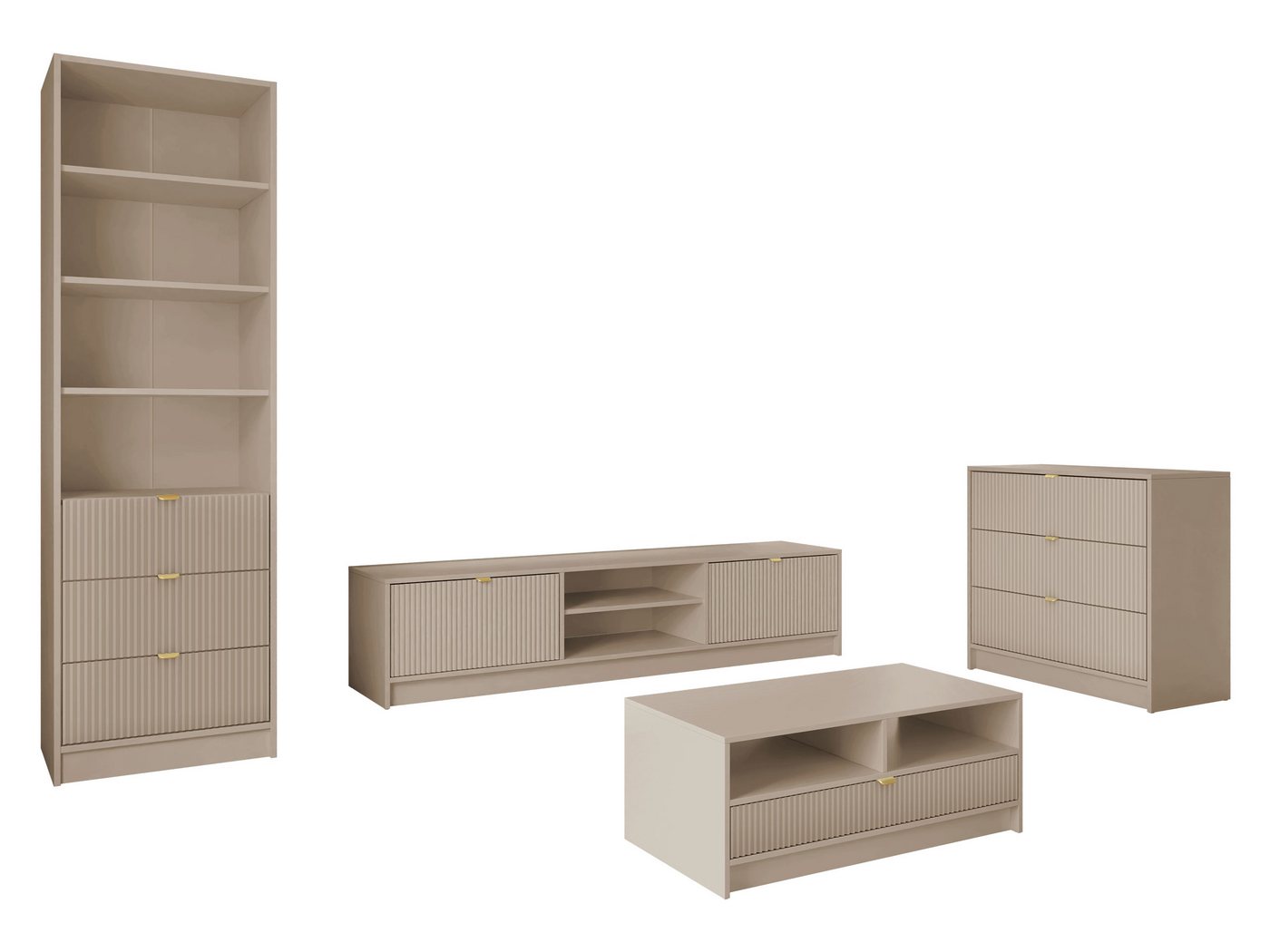 MIRJAN24 Wohnzimmer-Set Tireno VII, (4er-Set, Kommode, TV-Lowboard, Regal, Couchtisch), Aluminiumgriffe in der Farbe Gold – Bild 2 von 5